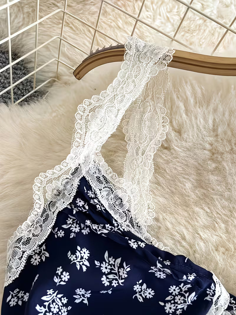 Lace Patchwork Floral Cami Dress Women'S Summer Beach Vacation Elegant Long Dress