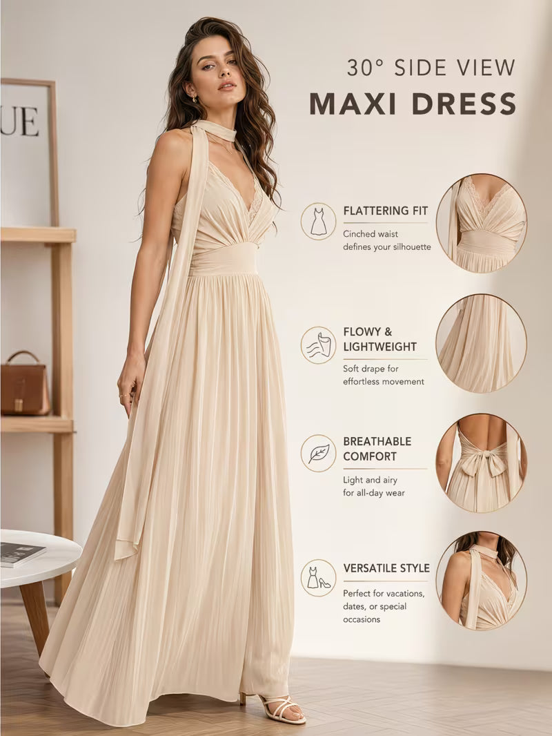 Women's Halter V-neck Sleeveless Maxi Dress High Waist Split Flowy Long Dress for Vacation Weekend Casual Daily Wear