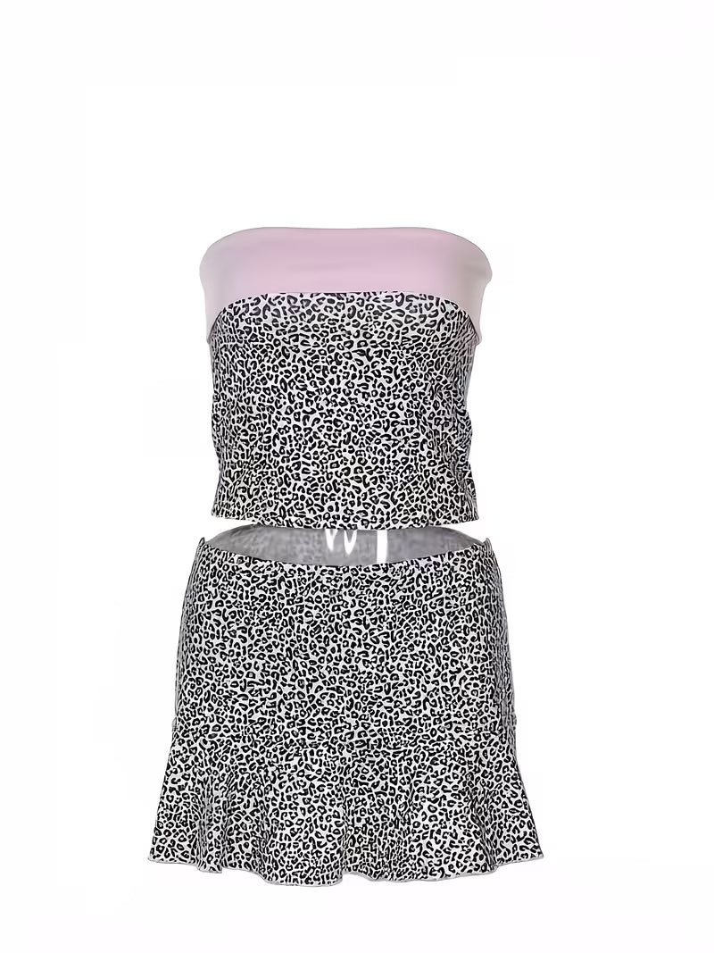 Summer New Sweet And Spicy Color-Blocking One-Shoulder Navel-Baring Tube Top Animal Print Short Skirt Two-Piece Set