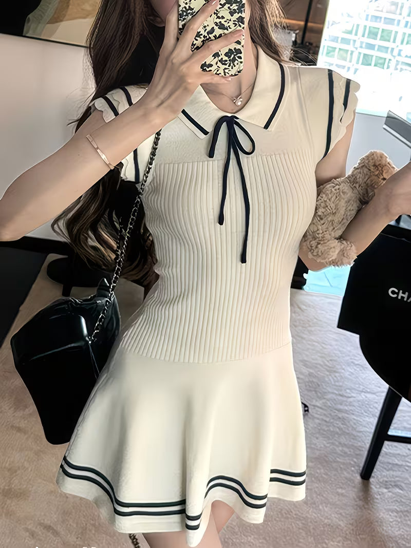 Preppy Nautical Style Small Flutter Sleeves Soft Tie-Dress Women'S Striped Short Skirt