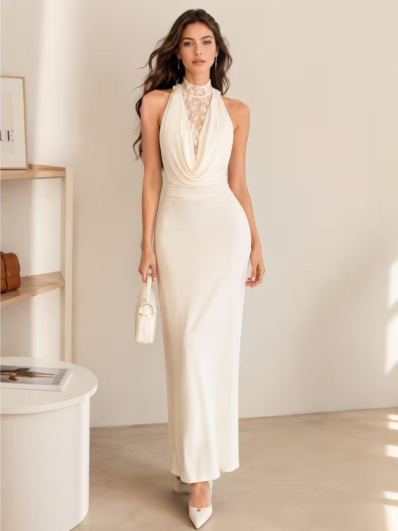 Lace Patchwork Sleeveless Halter Long Dress, Slim Fit Bodycon Dress