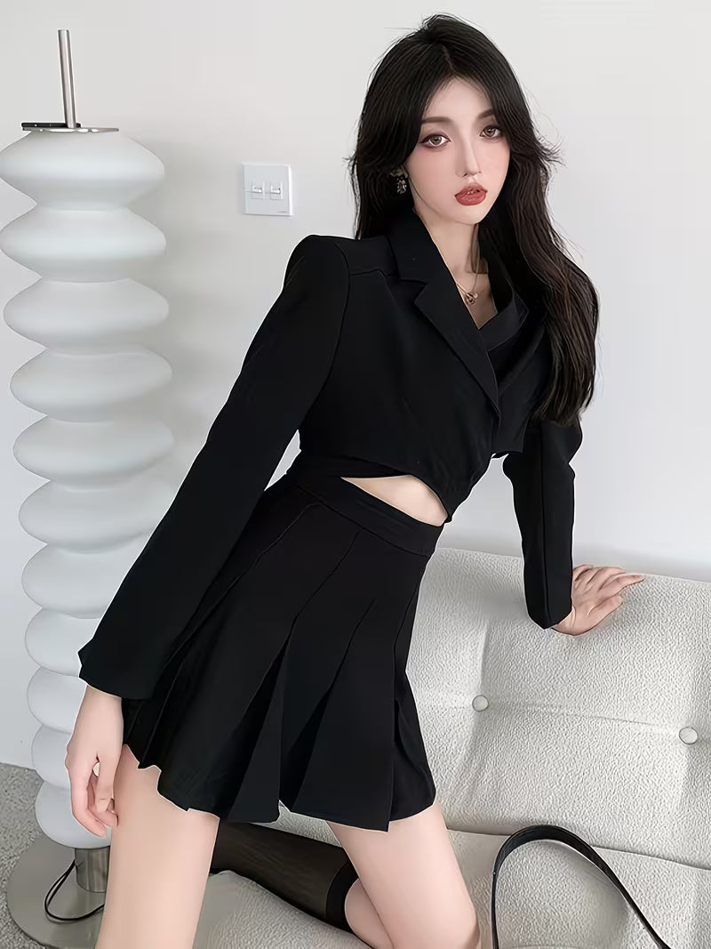 Short-Length Long-Sleeve Suit Top And Pleated Skirt Black Suit Set