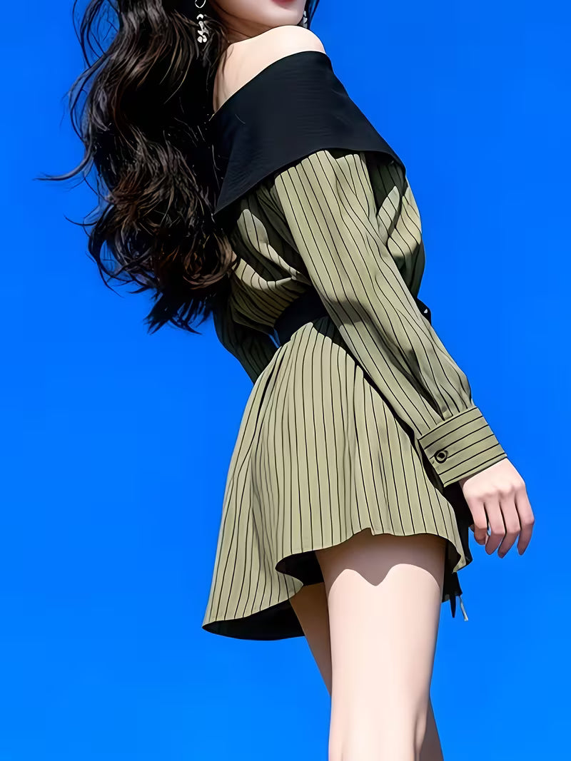 Petite Off-the-Shoulder Long Sleeve Striped Shirt Dress, Stylish Short Skirt