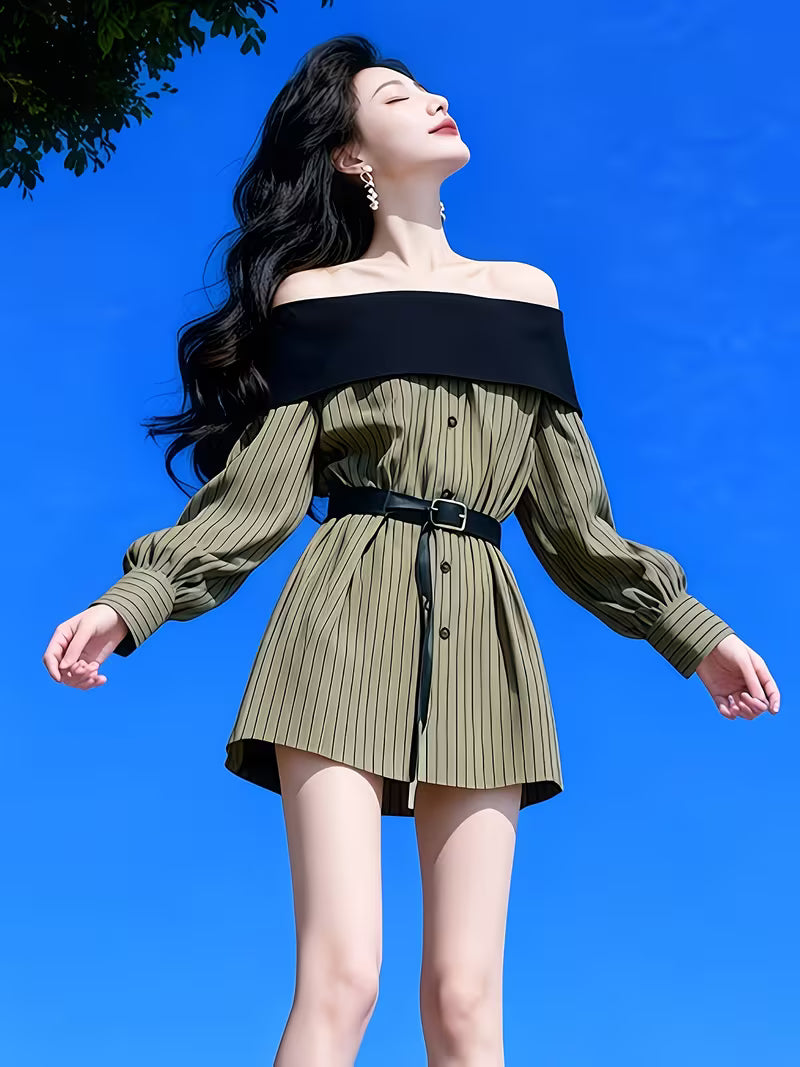 Petite Off-the-Shoulder Long Sleeve Striped Shirt Dress, Stylish Short Skirt