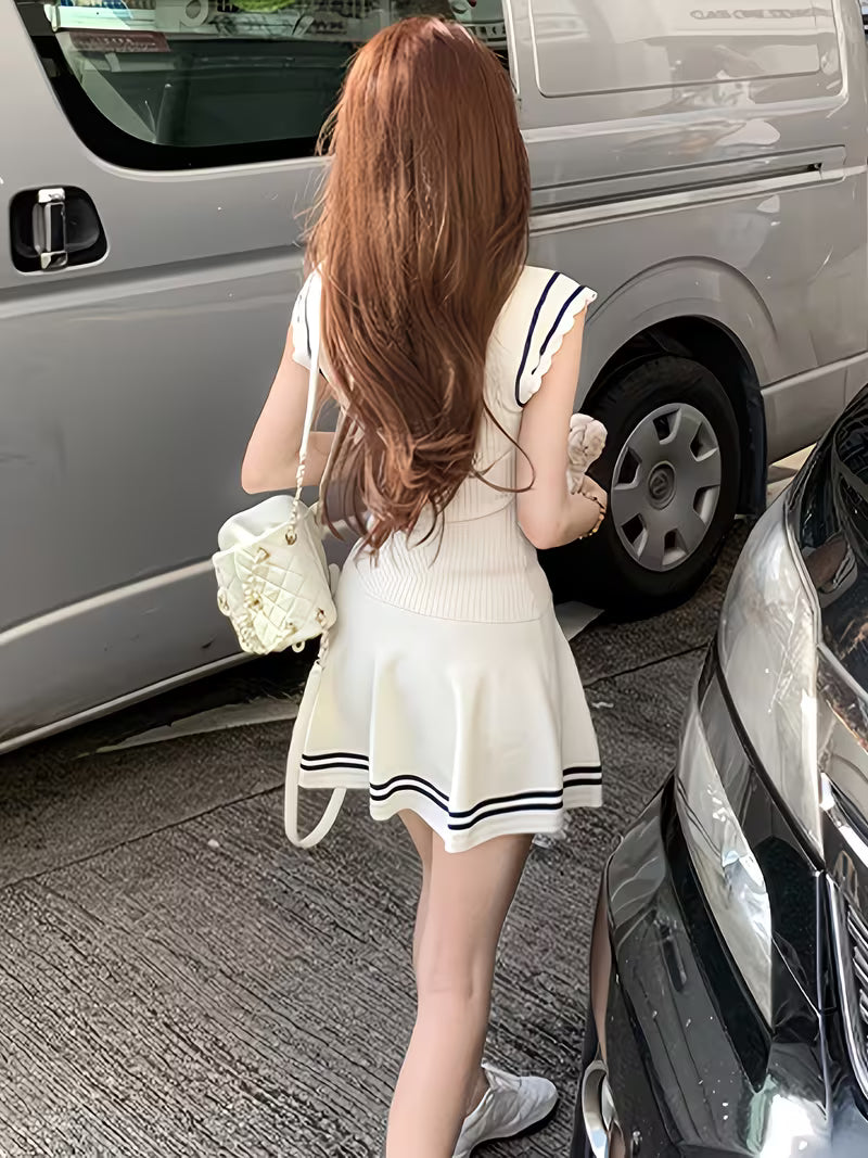 Preppy Nautical Style Small Flutter Sleeves Soft Tie-Dress Women'S Striped Short Skirt