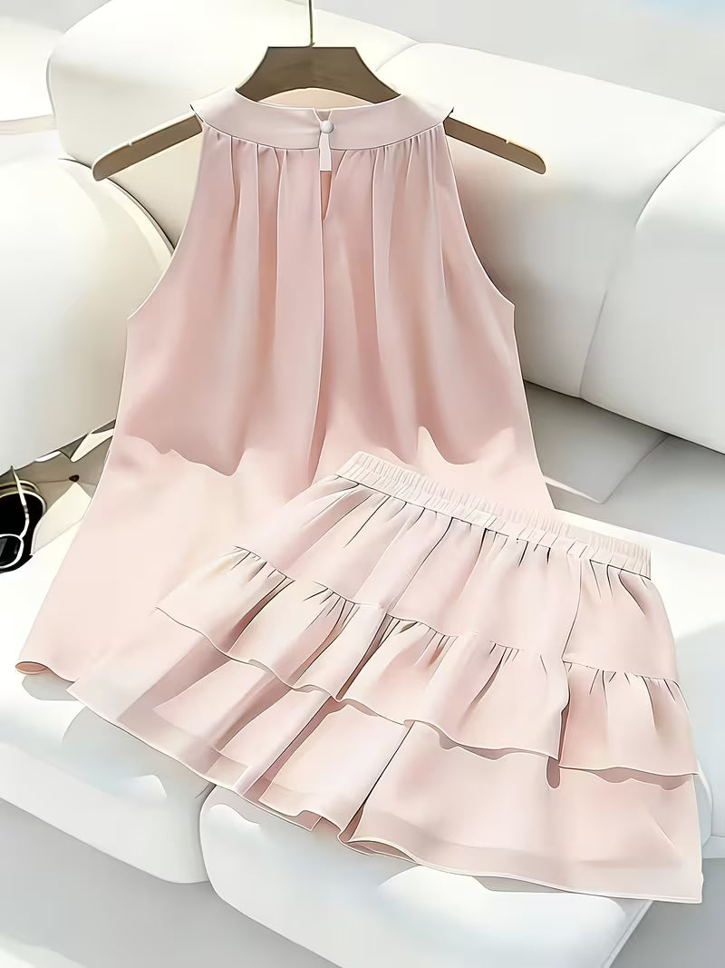 Halter Butterfly Knot Top Cake Skirt Suit Women'S Summer New Gentle Style Sleeveless Chiffon Vest + High-Waist Elastic Cake Short Skirt Two-Piece Set Age-Reducing Slim Sweet Temperament Suit