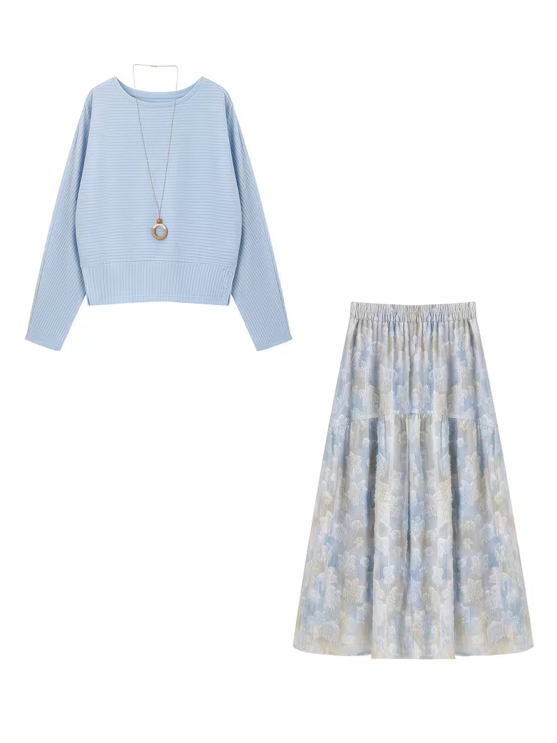 Women's New Style Skirt Set - Elegant and Sophisticated BATWING SLEEVE Loose Fit Slightly Waist-Defined Skirt with Necklace Hem Hazy Print Dress Set
