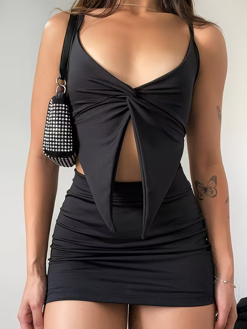 Summer New Y2K Pure Desire Hot Style Black Twist Suspender + Hip Wrap Skirt Two-Piece Set Niche Design Slim And Suit