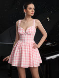Women'S Sweet Pink Plaid Button-Patchwork Lace Backless Puff Ruffled Mini Short Dress