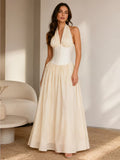 Women's  Halter Sleeveless High Waist Maxi Dress with Mesh Splicing & Wrinkle-Friendly Fabric - Elegant Collarbone Dress