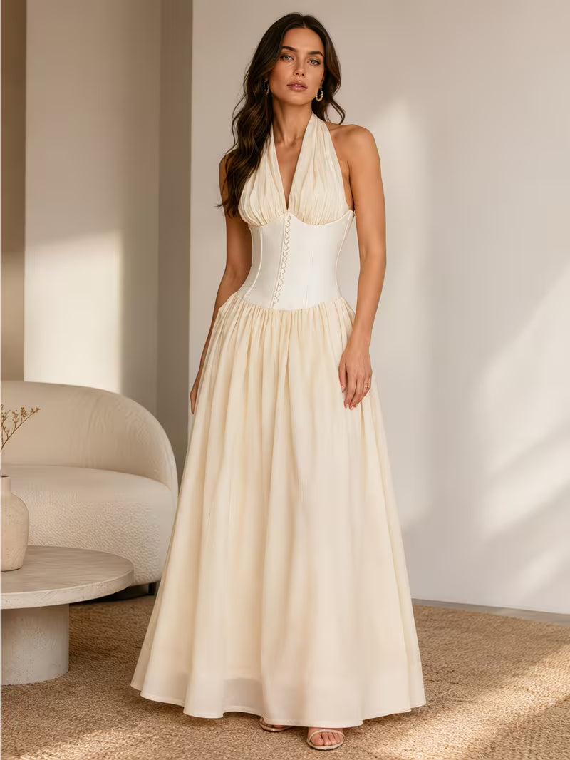 Women's  Halter Sleeveless High Waist Maxi Dress with Mesh Splicing & Wrinkle-Friendly Fabric - Elegant Collarbone Dress