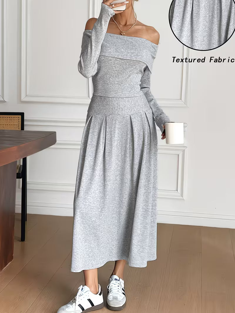 Women's Spring/Autumn Fashion Elegant 2pcs Set, Casual Solid Color Off-Shoulder Top and Skirt Set