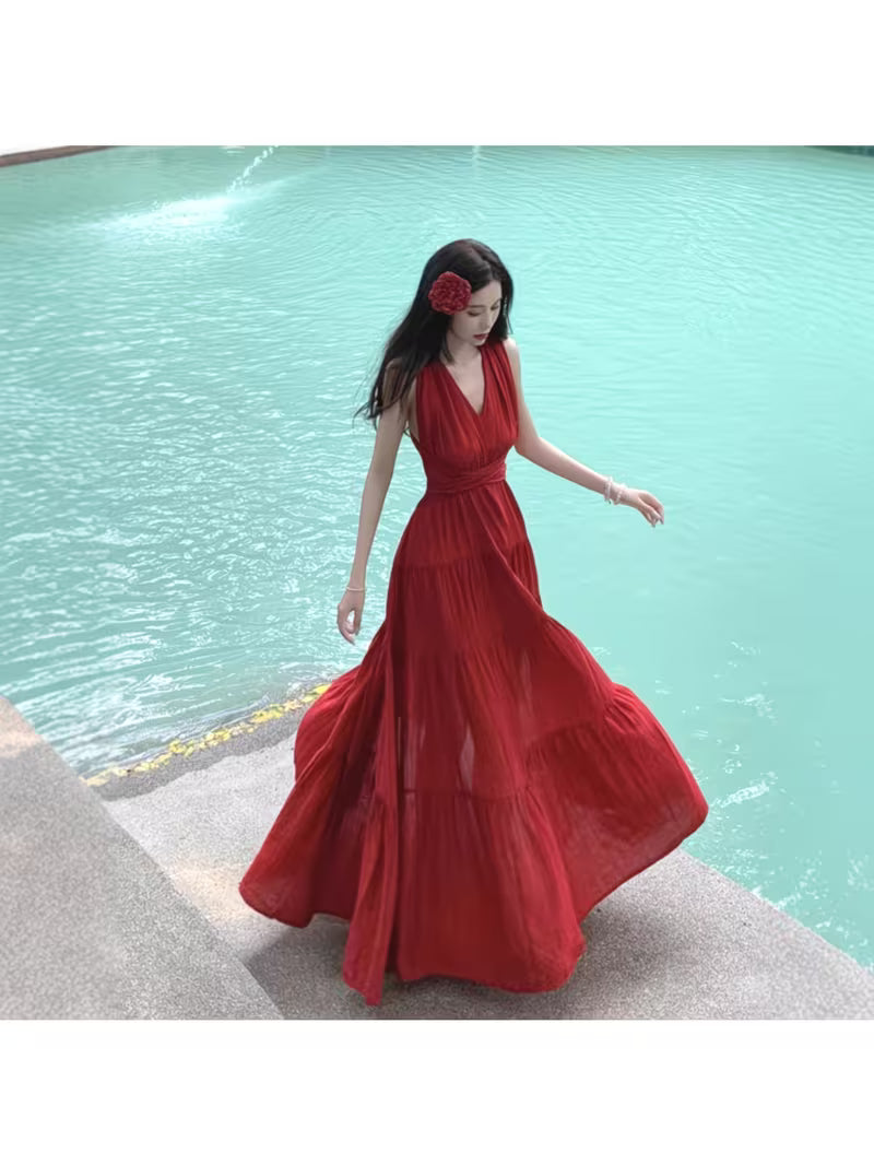 Women's Red Sleeveless Maxi Dress with Elastic Waist & Tiered A-Line Hem - Boho Bohemian Sundress Suitable for Beach Weddings, Vacations, Parties, Daily Wear, Machine Washable Long Dress