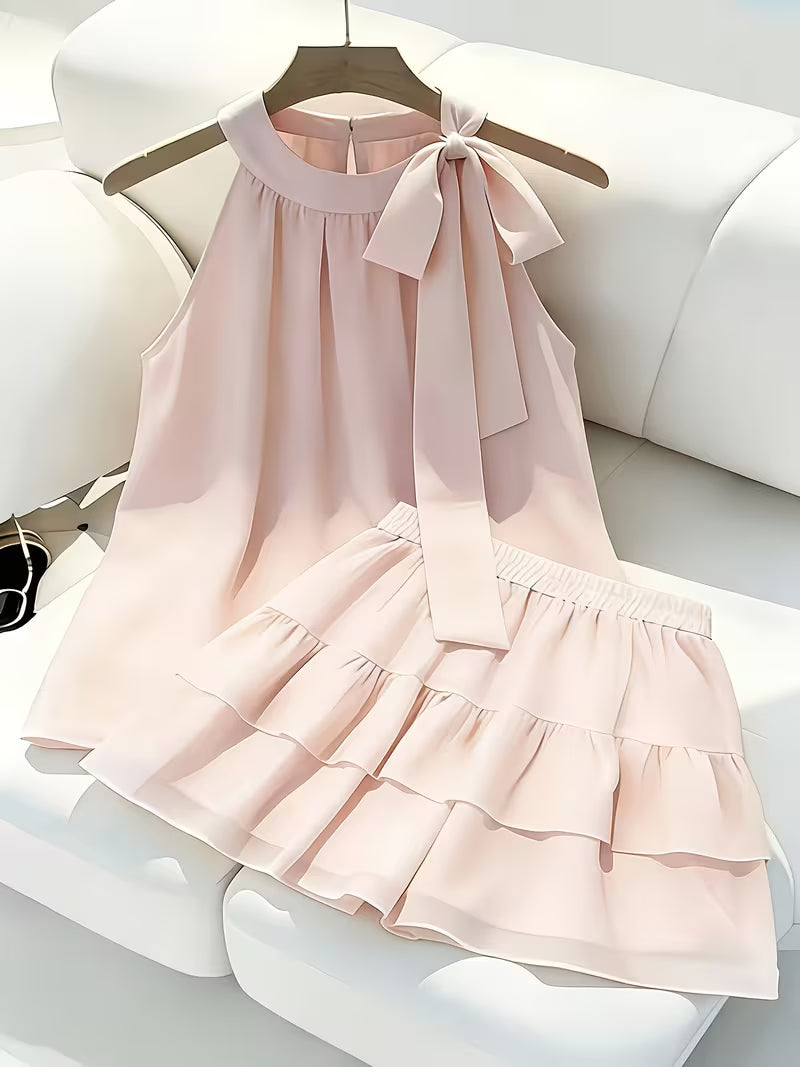 Halter Butterfly Knot Top Cake Skirt Suit Women'S Summer New Gentle Style Sleeveless Chiffon Vest + High-Waist Elastic Cake Short Skirt Two-Piece Set Age-Reducing Slim Sweet Temperament Suit
