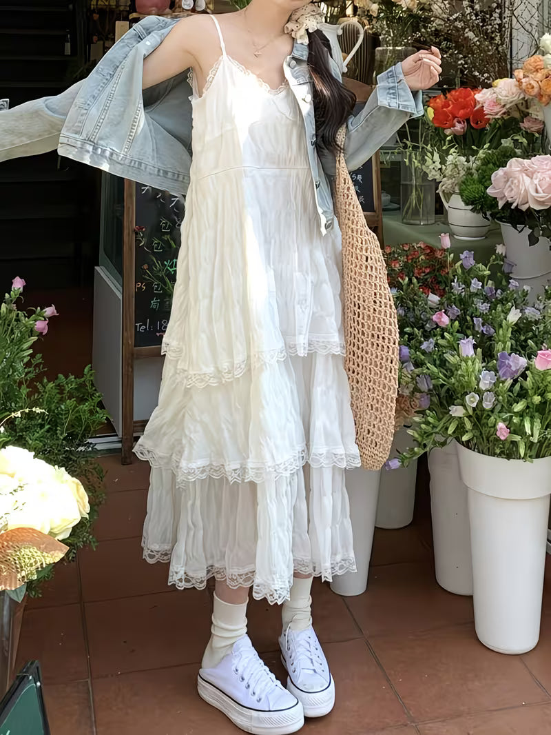 Solid Color Suspender Dress Women'S Summer Sweet Lace Cake Skirt Seaside Vacation Beach Skirt Temperament Long Skirt
