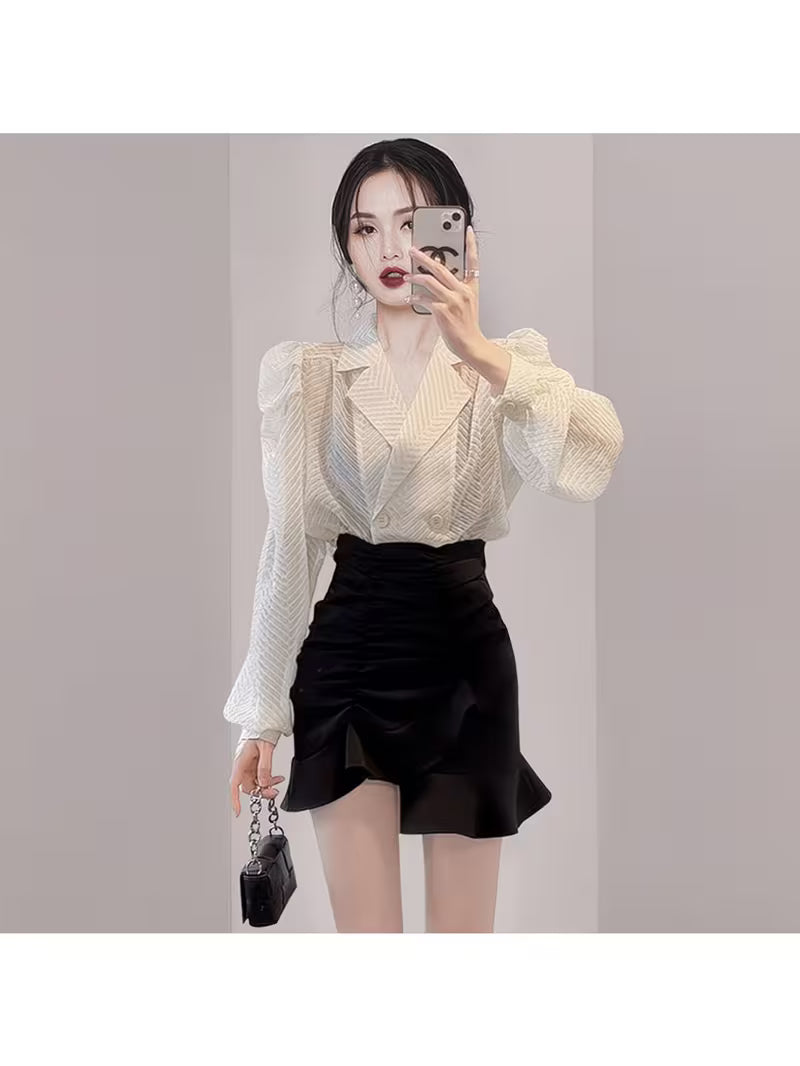 Sense of Design Niche Style Professional Suit Collar Shirt Women'S Autumn Classy Elegant Petite Long Sleeve Top Suit