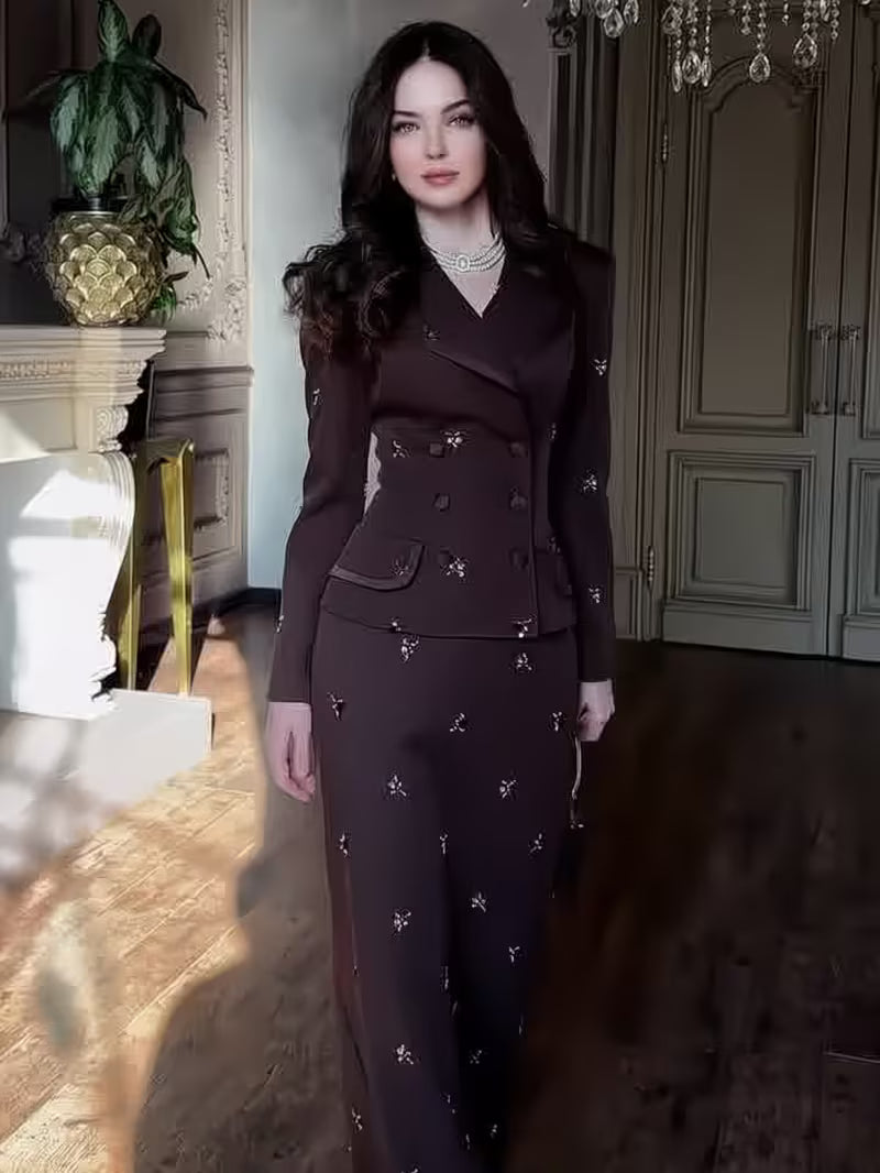 Women's Floral Blazer and Long Skirt Suit Set Elegant Long Sleeve 2pcs Outfit for Spring Workwear and Occasion Wear