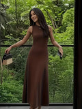Women's Elegant Sleeveless Maxi Dress - Dressy to Casual, Dark Brown Machine Washable Dress for Vacation, Office, Party - Slim Fit for Everyday and Special Occasions