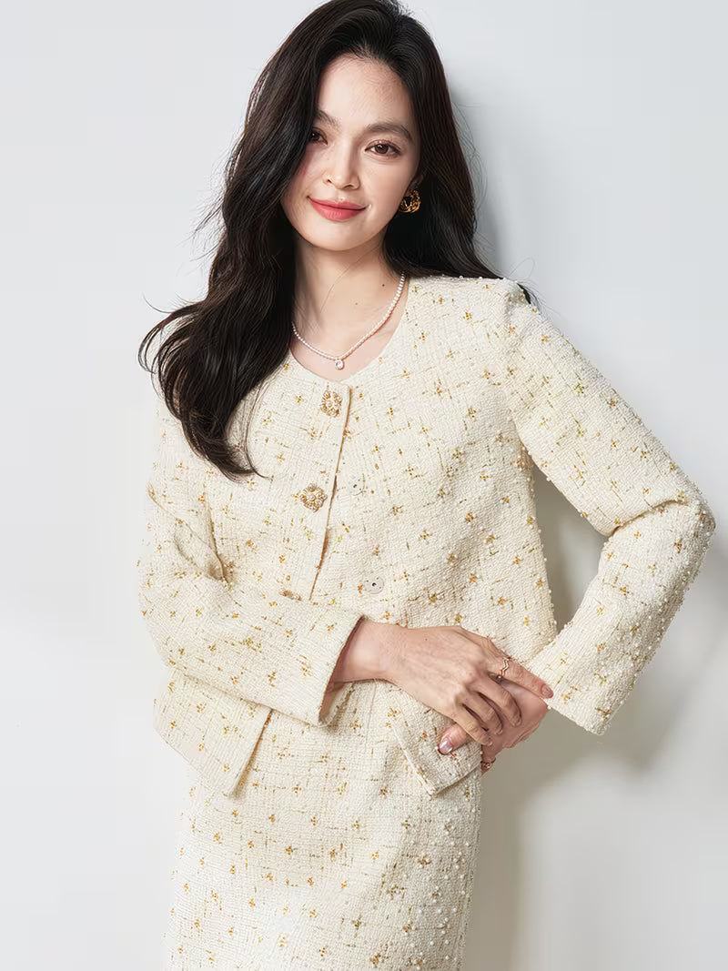 Elegant Tweed Style 2pcs Suit Set with Jacket and Skirt, Refined Chic Office and Occasion Wear