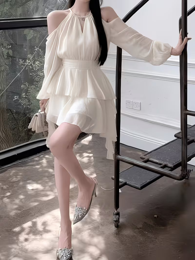 Ladies' Light Luxury Atmosphere, Apricot White Hanging Neck Off Shoulder Satin Dress with Diamond Embellishment, V-neck Cinched Waist, Multi-layer Ruffle Edge Irregular Cake Skirt