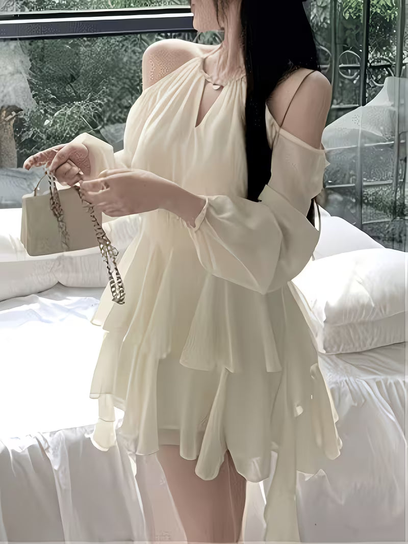 Ladies' Light Luxury Atmosphere, Apricot White Hanging Neck Off Shoulder Satin Dress with Diamond Embellishment, V-neck Cinched Waist, Multi-layer Ruffle Edge Irregular Cake Skirt