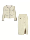 Fashionable Socialite with Light Luxury Temperament, Sparkling Diamond Studded Coarse Tweed Sequins, Small Fragrant Style Jacket And Hip-Hugging Skirt Set