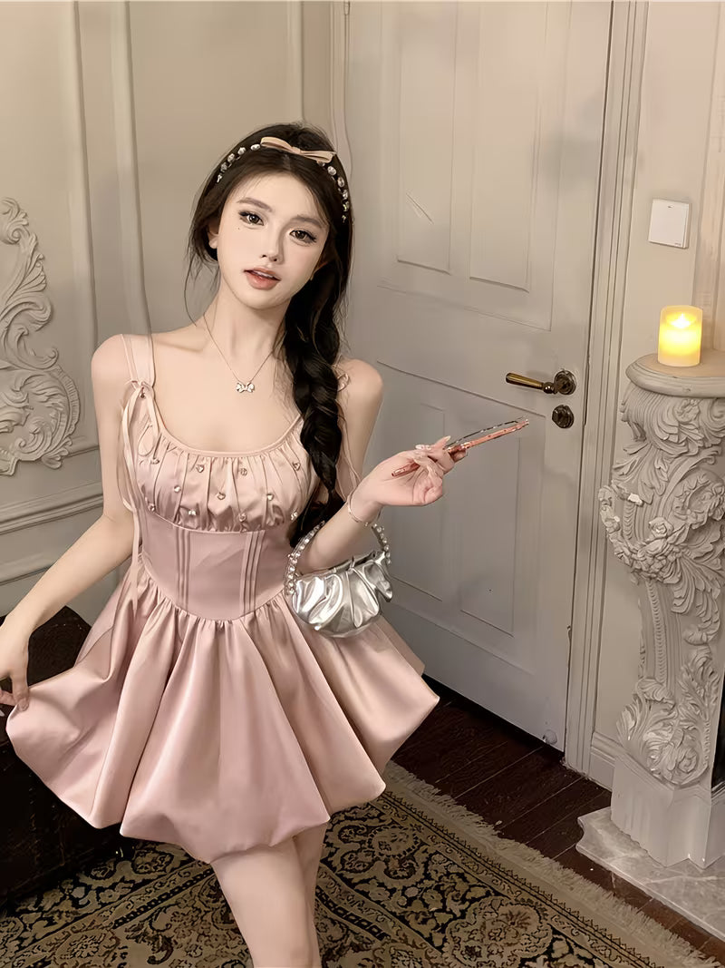 Women's Summer Dress with Budding Floral Pattern, Iridescent Tie-Up Spaghetti Suspender Dress