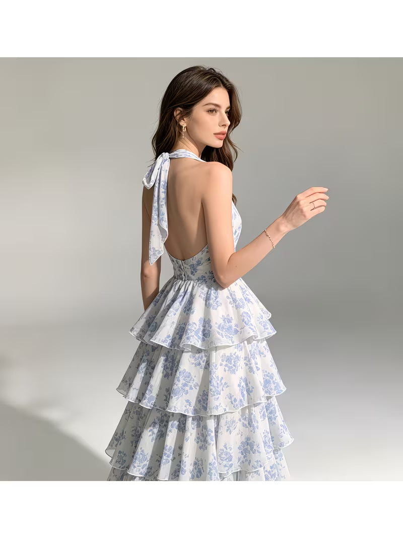 French Vintage Floral Print Maxi Dress for Women Summer Beach Vacation Cottagecore Elegant V Neck High Waist Tiered Ruffle Long Dresses