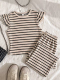 Summer Casual Outfit, Striped Round Neck Short Sleeve Top with Loose Striped Straight-Leg Pants, Brown Striped 2pcs Set, Girls' Daily Wear