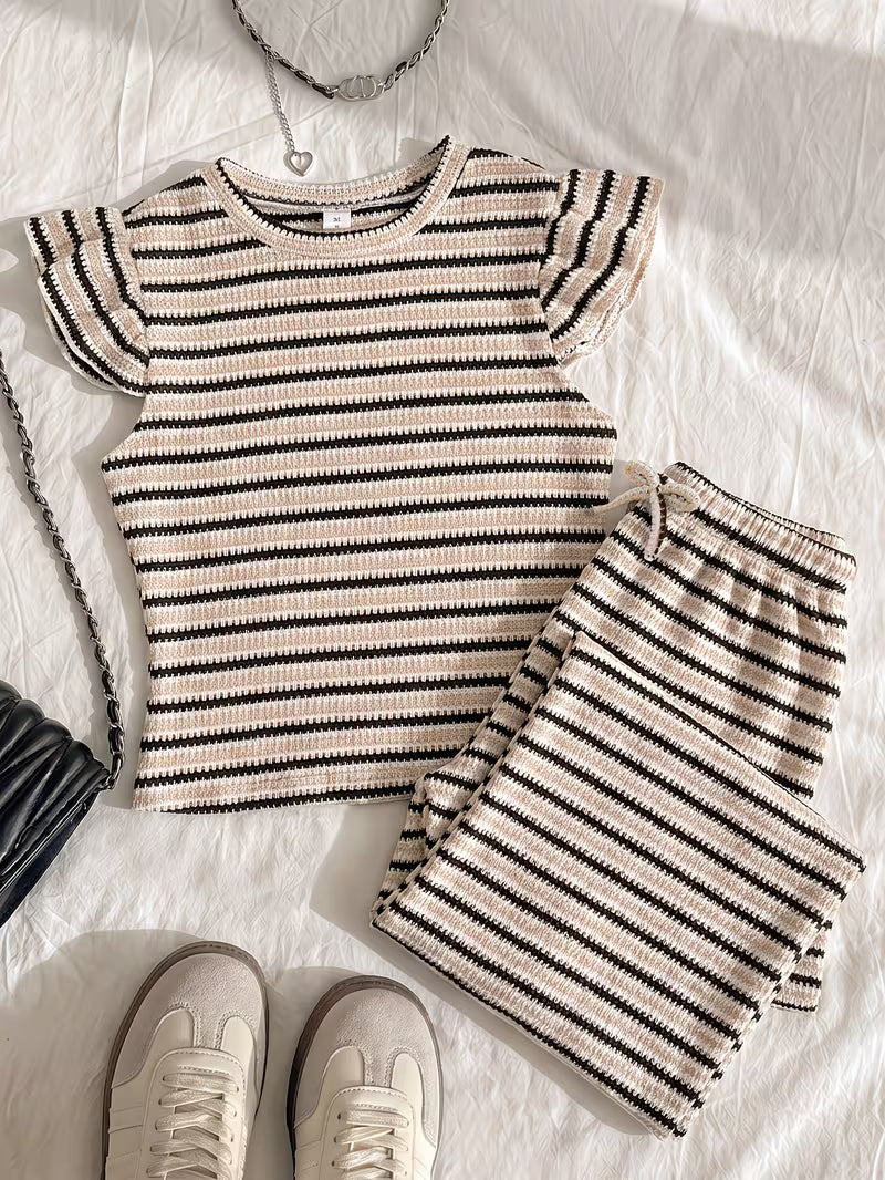 Summer Casual Outfit, Striped Round Neck Short Sleeve Top with Loose Striped Straight-Leg Pants, Brown Striped 2pcs Set, Girls' Daily Wear