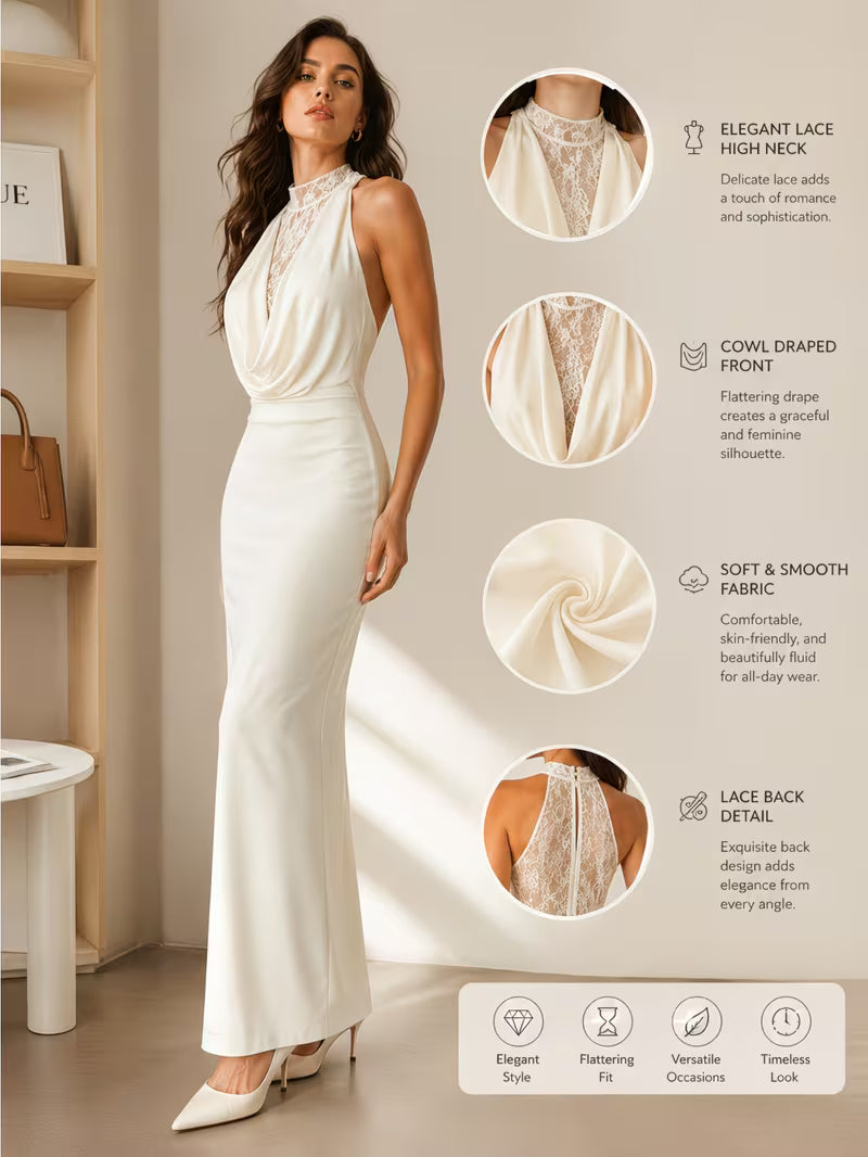 Lace Patchwork Sleeveless Halter Long Dress, Slim Fit Bodycon Dress