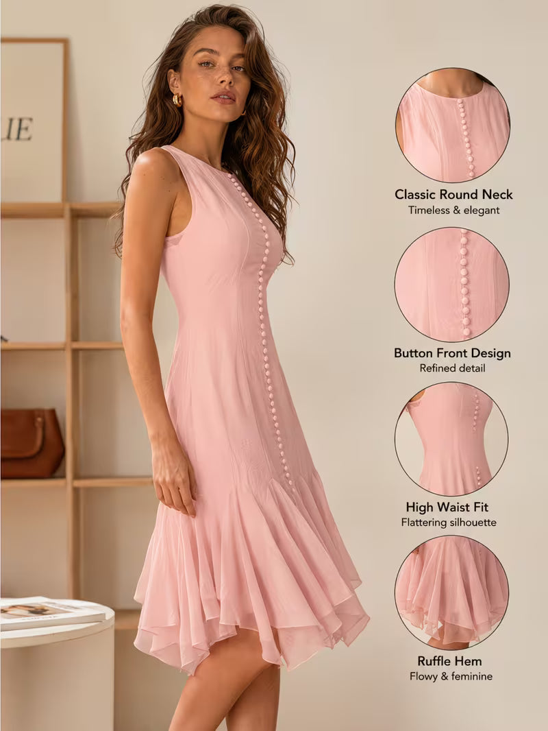 Women Sleeveless Round Neck Long Dress, Ruffle Mermaid Hem Slim Fit Dress
