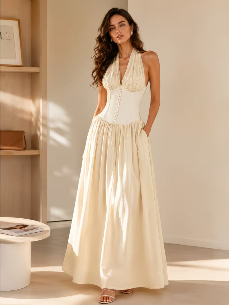 Women's  Halter Sleeveless High Waist Maxi Dress with Mesh Splicing & Wrinkle-Friendly Fabric - Elegant Collarbone Dress