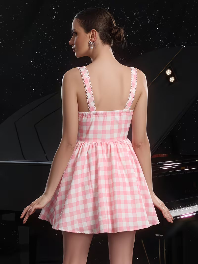Women'S Sweet Pink Plaid Button-Patchwork Lace Backless Puff Ruffled Mini Short Dress
