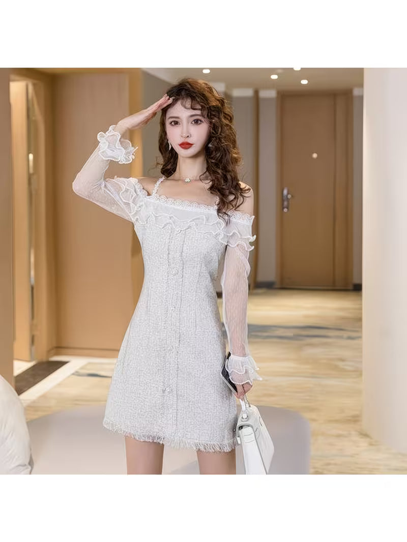 Elegant Long-Sleeve Mesh Panel One-Shoulder Bodycon Dress - Unique Design