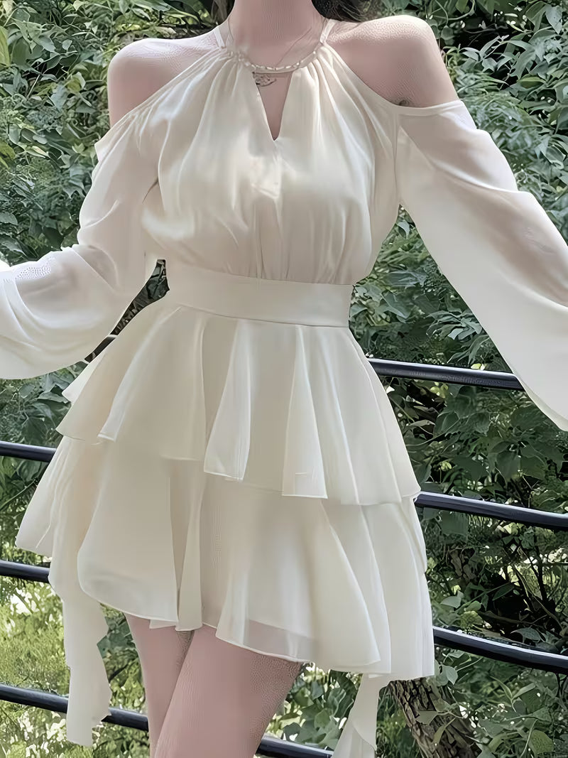 Ladies' Light Luxury Atmosphere, Apricot White Hanging Neck Off Shoulder Satin Dress with Diamond Embellishment, V-neck Cinched Waist, Multi-layer Ruffle Edge Irregular Cake Skirt