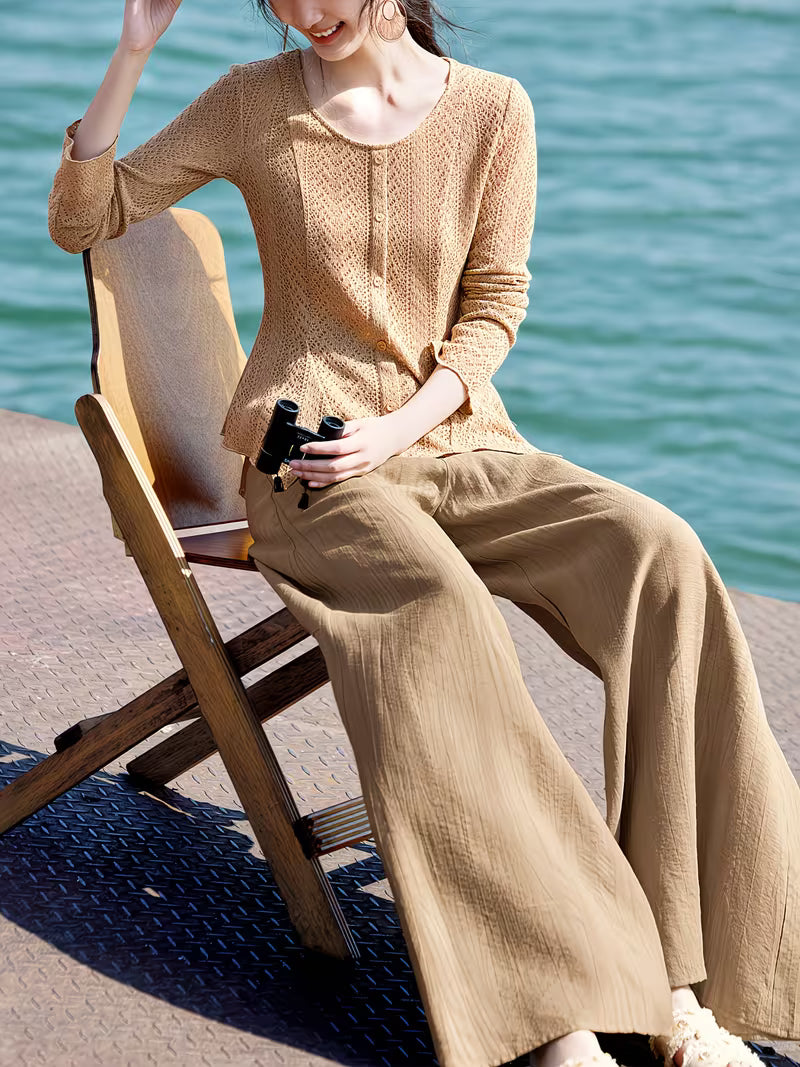 Cardigan + Long Pants, New Summer Women's Pants Suit, Light Oxygen Set, Daily Commute Office Wear, Spring/Summer New Women's Clothing, Elegant Bell Sleeve Irregular Waist-Cinching Top with Draping Wide-Leg Pants in Ombre Color