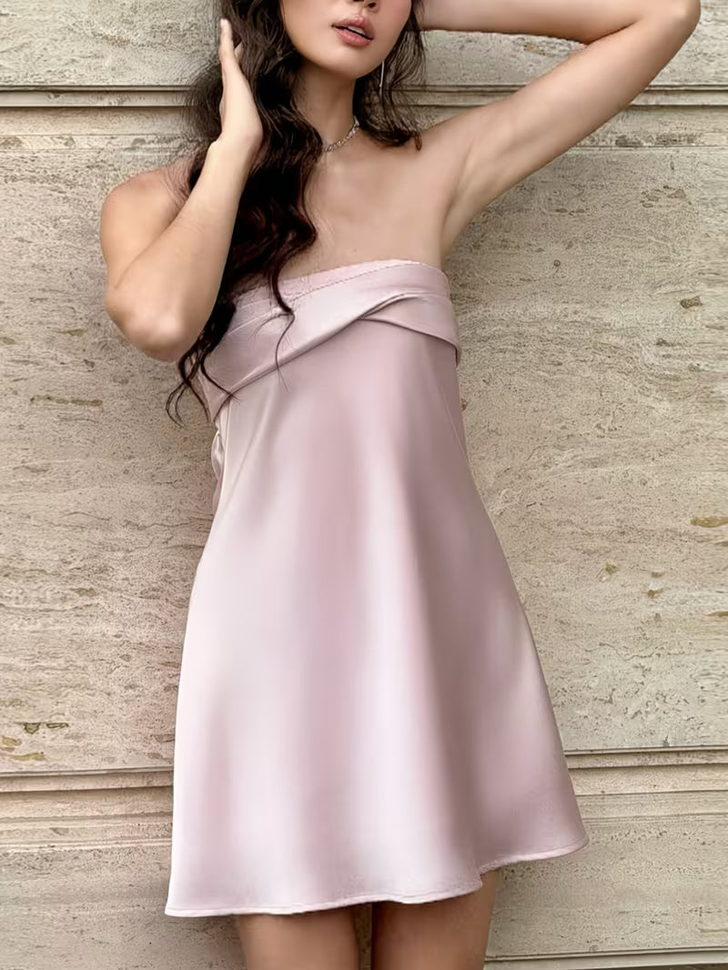 Women's New Satin Strapless Backless Mini Dress - Solid Color Bodycon Slip Dress