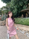 Summer Halter Neck Off-Shoulder Pink Plaid Sleeveless Dress Irregular Bow Design Skirt Women, Pink Off-Shoulder Sleeveless Halter Neck Plaid Dress Women'S Spring 2026 New Bow French Hip-Wrap Short Skirt