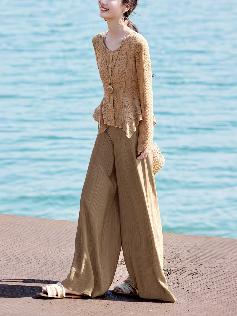 Cardigan + Long Pants, New Summer Women's Pants Suit, Light Oxygen Set, Daily Commute Office Wear, Spring/Summer New Women's Clothing, Elegant Bell Sleeve Irregular Waist-Cinching Top with Draping Wide-Leg Pants in Ombre Color