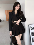 Short-Length Long-Sleeve Suit Top And Pleated Skirt Black Suit Set