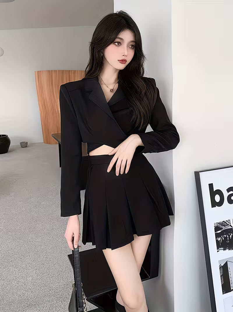 Short-Length Long-Sleeve Suit Top And Pleated Skirt Black Suit Set