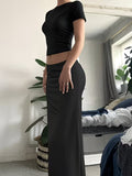 European And American Minimalist Black Suit, Short Cropped Short-Sleeved Top + High-Waisted Slim-Fitting Hip-Wrap Long Skirt