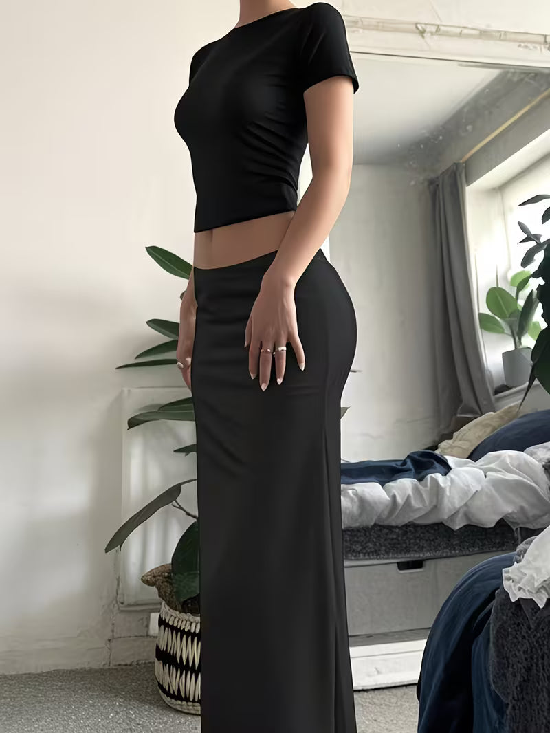 European And American Minimalist Black Suit, Short Cropped Short-Sleeved Top + High-Waisted Slim-Fitting Hip-Wrap Long Skirt