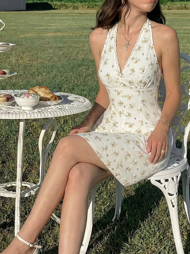Button Embellished V-Neck Lace Patchwork Mini Floral Dress, French Gentle Style V-Neck Halter Off-Shoulder Design Floral Waist-Cinching Short Skirt