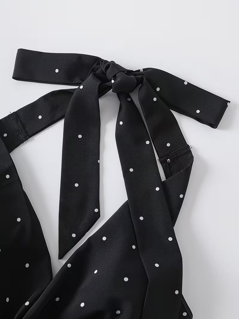 Women's Cowl Neck Backless Lace-up Bow Mini Dress, Elegant Black and White Polka Dot Print Dress