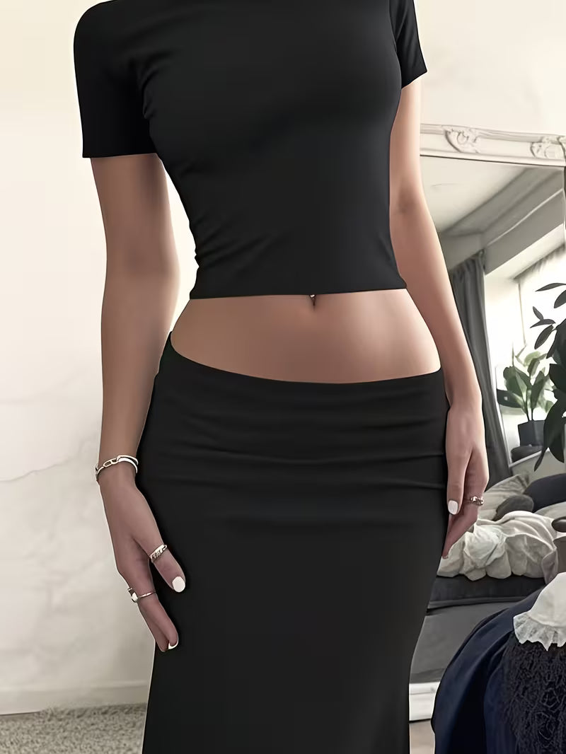 European And American Minimalist Black Suit, Short Cropped Short-Sleeved Top + High-Waisted Slim-Fitting Hip-Wrap Long Skirt