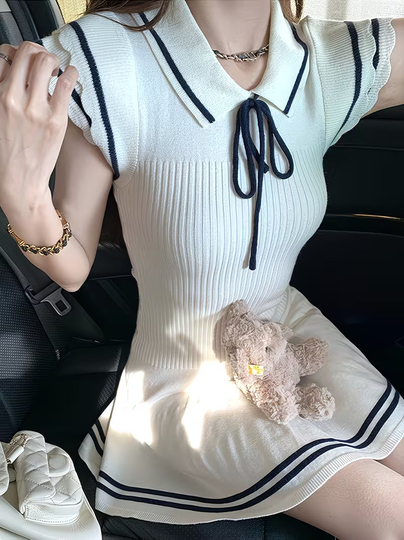 Preppy Nautical Style Small Flutter Sleeves Soft Tie-Dress Women'S Striped Short Skirt