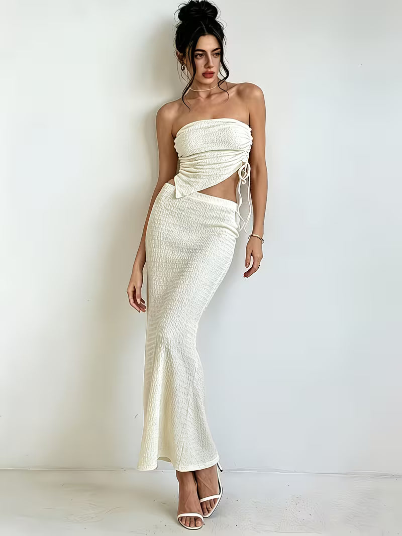 Fashion Easy Commuter Textured Fabric Strapless Tube Top And Irregular Hem Half Skirt Women'S 2pcs Set