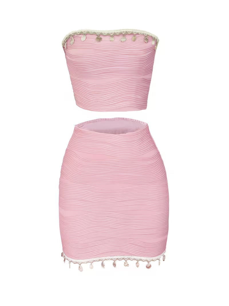 Women's Fashion Vacation Casual Sexy Slim Fit Fringe Lace Sequin Crop Top and Hip-Wrapping Mini Skirt Two-Piece Set
